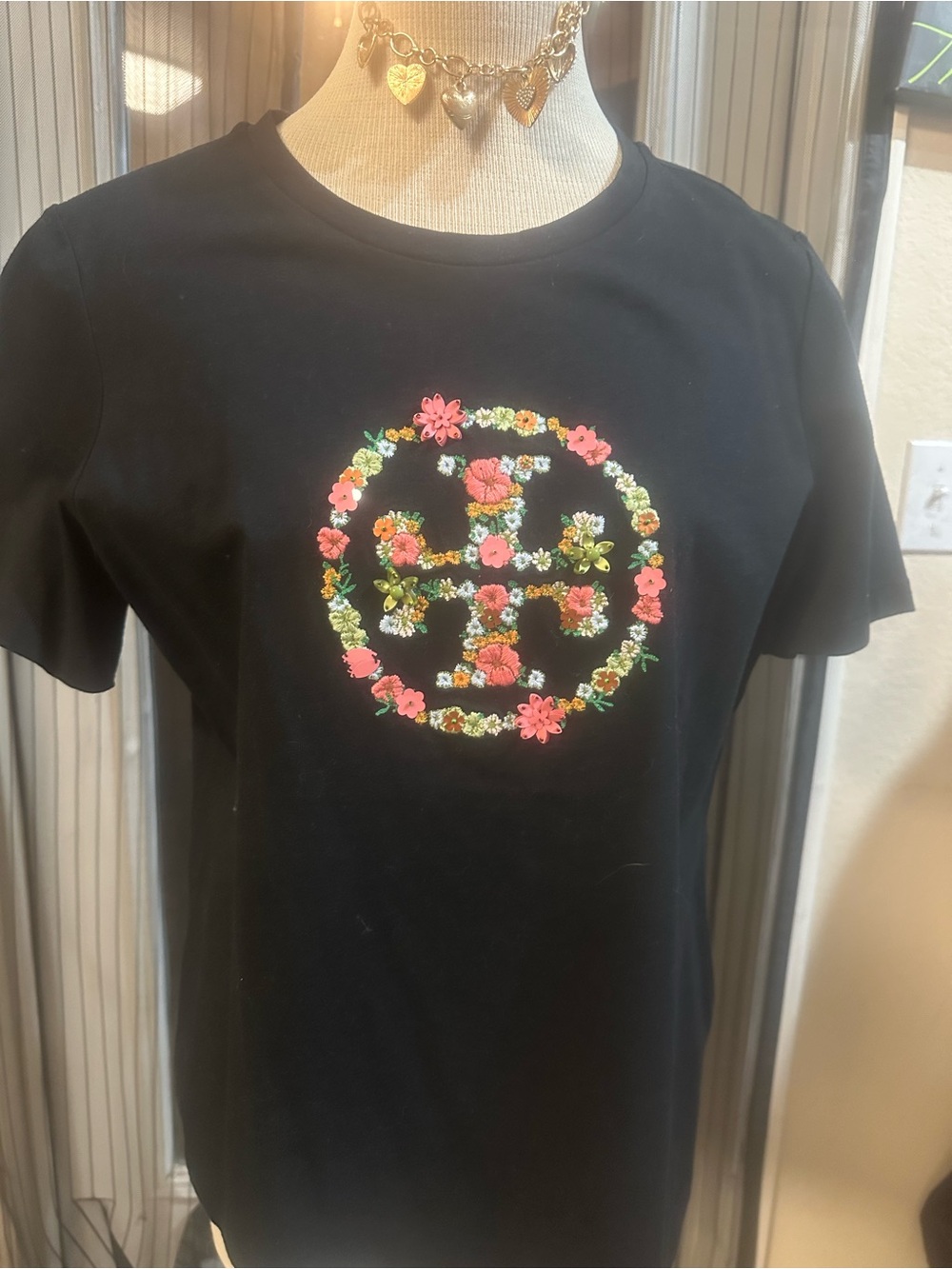 Tory Burch Black KIMBLET shirt SS with Multicolor Floral Logo XL NEW w/Tag